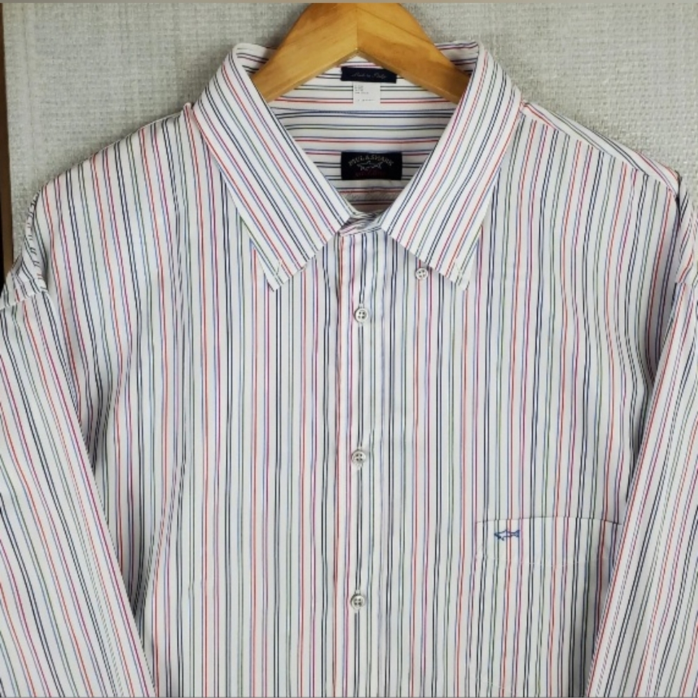 PAUL & SHARK SILVER Size 3XL Made in Italy Rainbow Striped Mens Button Up Shirt